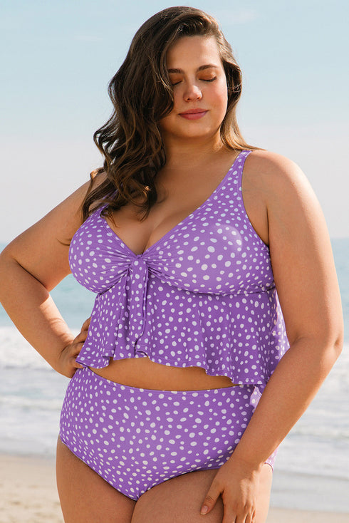 Polka Dot Ruffled Knotted V Neck Tankini Swimwear