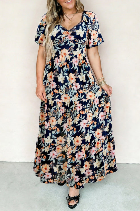Bohemian Smocked Short Sleeve High Waist Maxi Floral Dress