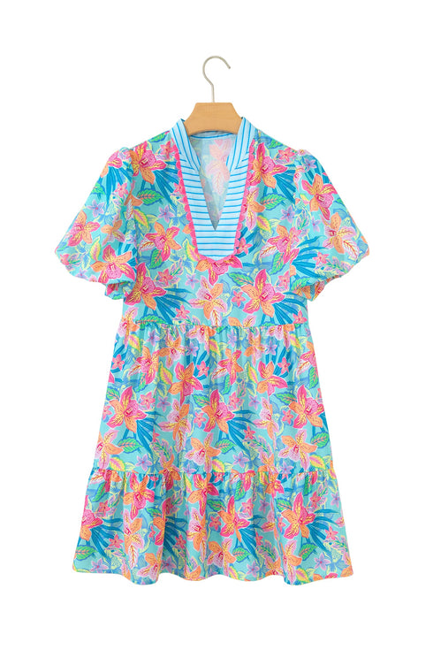 Floral Print Scallop Striped Trim V Neck Mini Dress