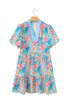 Floral Print Scallop Striped Trim V Neck Mini Dress
