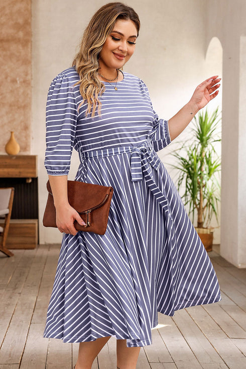 Striped Tie Waist Three Quarter Sleeve Plus Size Dress