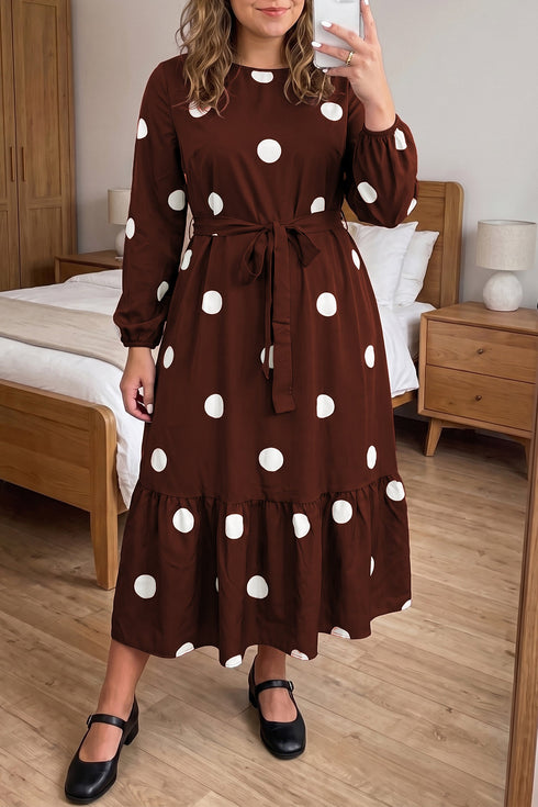 Polka Dot Ruffled Hem Tie Waist Midi Dress