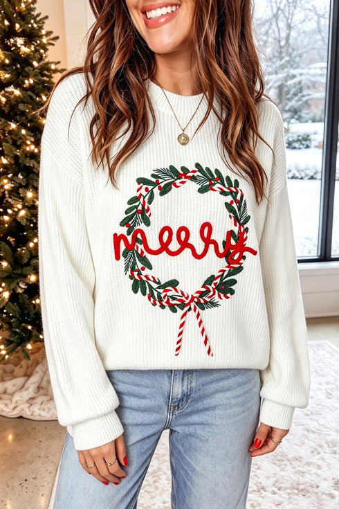 Embroidered Wreath Applique Round Neck Graphic Knit Sweater