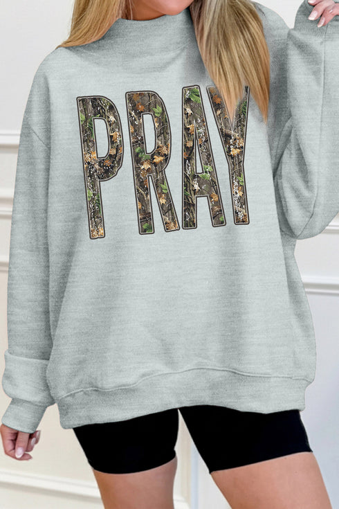 Camouflage Letter Print Mock Neck Baggy Pullover Sweatshirt