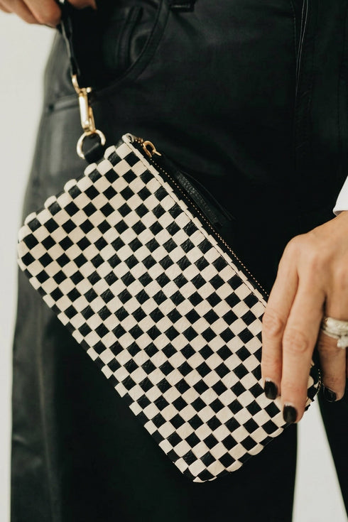 Checkered Woven Fringe Tassel Pu Leather Wristlet Handbag