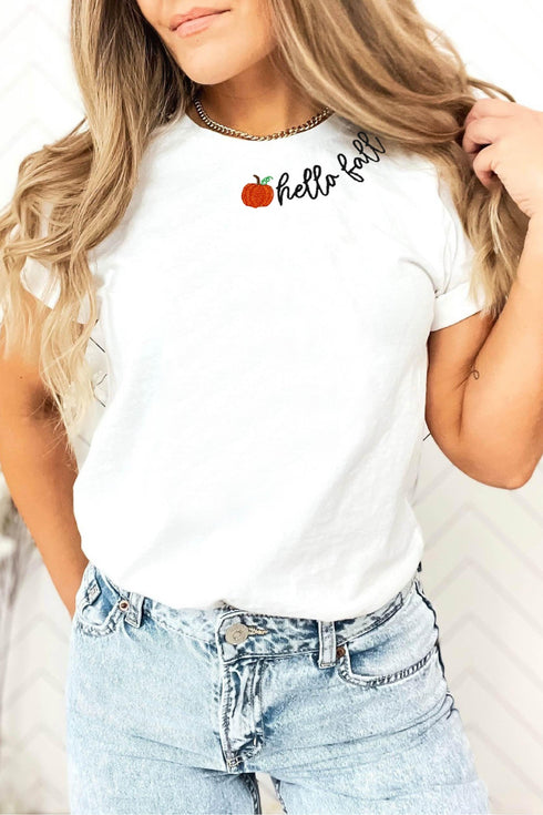 Embroidered Pumpkin Hello Graphic Round Neck Statement Tee