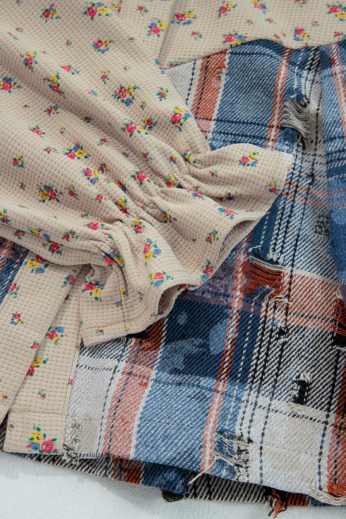 Bohemian Floral Plaid Patchwork Distressed Waffle Knit Shacket
