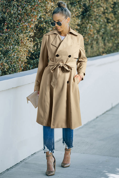 Modern Solid Lapel Collar Waist Tie Wind Coat