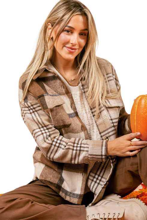 Casual Flannel Plaid Double Flap Pocket Shacket