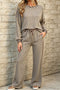 Ribbed Patchwork Leopard Trim Long Sleeve Two Piece Pant Set