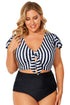 Striped Knot Cutout Ruffle Sleeve High Waisted Swimsuit
