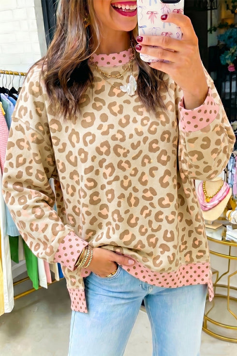 Leopard Polka Dot Trim Long Sleeve Top