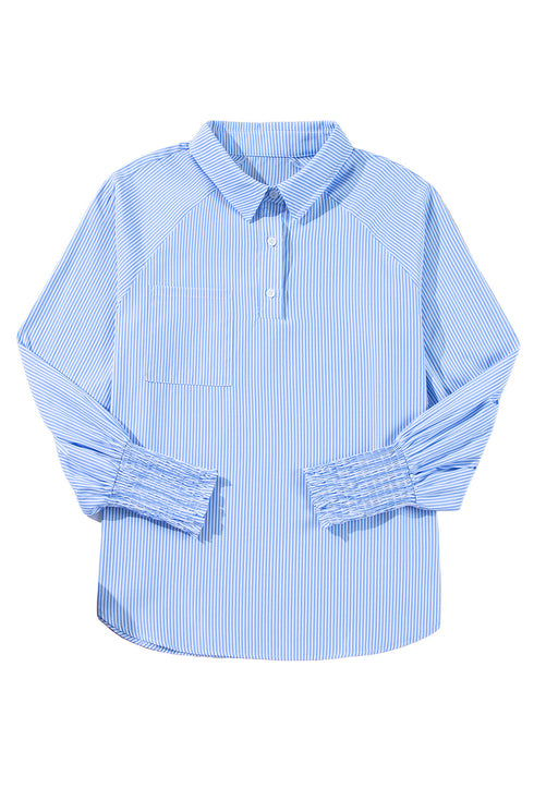 Tailored Pinstripe Button Front Smocked Cuff Blouse