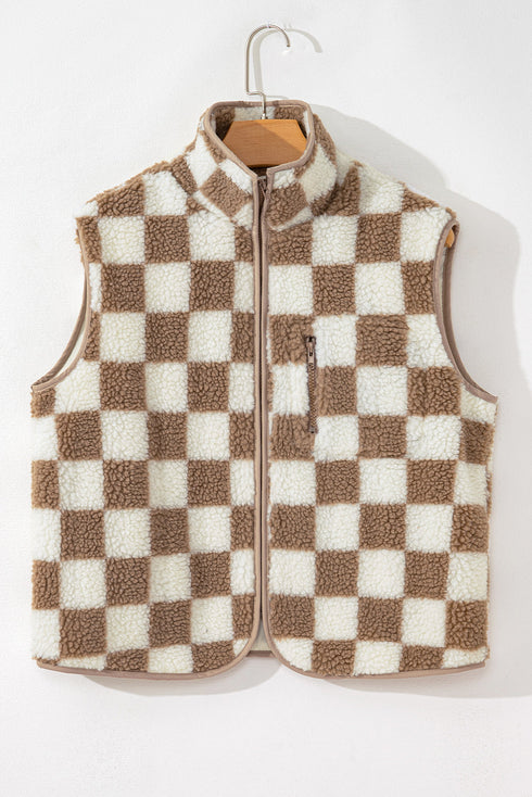 Casual Checkered Print Fleece Sherpa Collared Vest