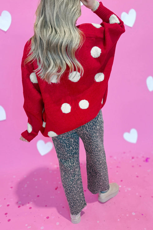 Oversized Polka Dot Button Front V Neck Cardigan