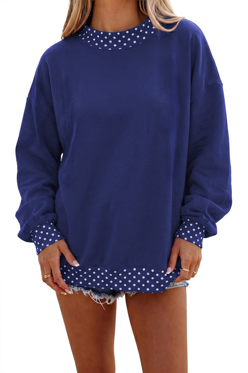 Mock Neck Polka Dot Pattern Trim Oversized Sweatshirt