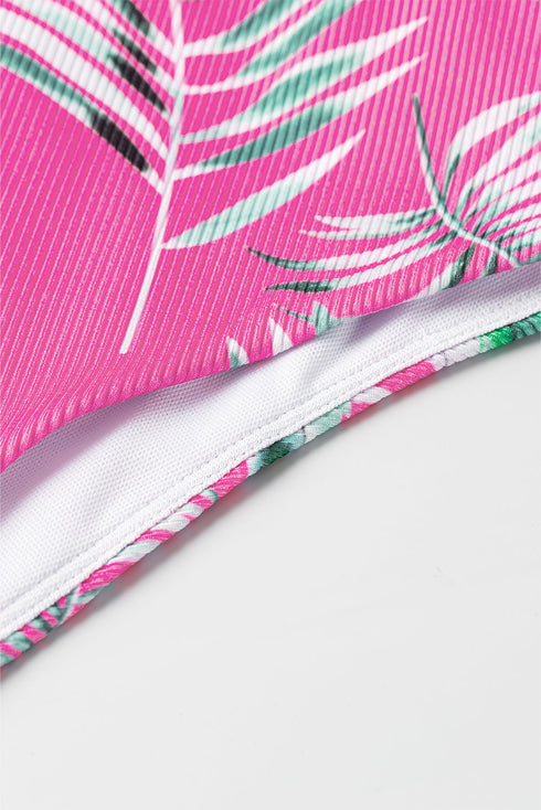 Ribbed Tropical Leaf Print High Waisted Bikini Set