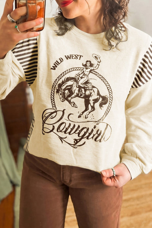 Western Print Striped Detail Long Sleeve Top