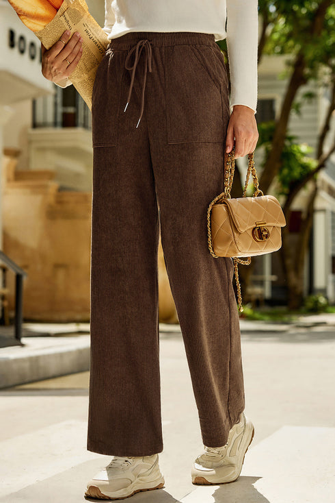 Polyester Tie Elastic Waist Soft Corduroy Pants