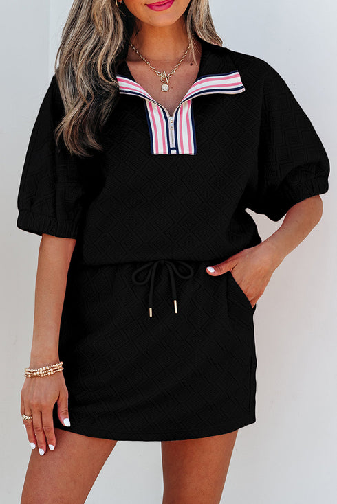 Textured Striped Collared Zip Up Two Piece Dress