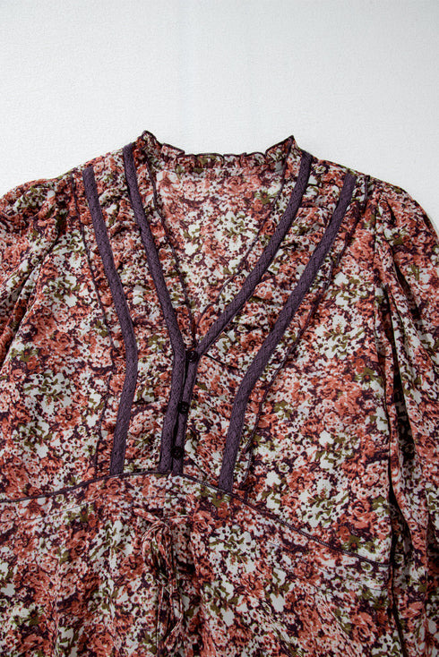 Floral Print Split Front Tiered Frilled V Neck Floral Dress