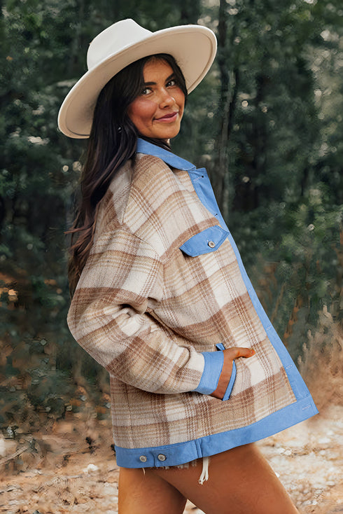 Casual Plaid Patchwork Flap Detail Button Up Shacket