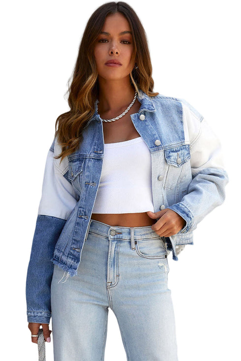 Casual Patchwork Distressed Frayed Hem Denim Jacket