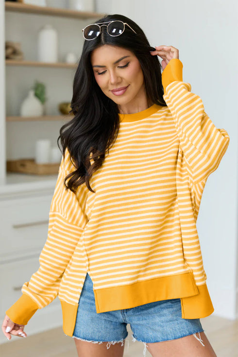 Striped Waffle Knit Split Hem Textured Long Sleeve Top