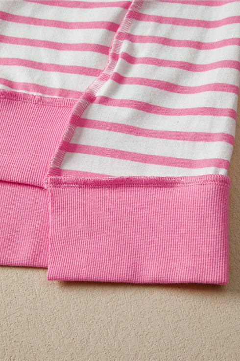 Striped Patchwork Half Placket High Low Short Sleeve Top