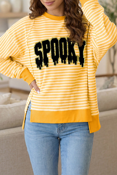 Spooky Slogan Stripe Split Hem Long Sleeve Sweatshirt