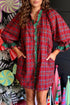 Plaid Ruffle Cuff Button Front Pocket Mini Dress