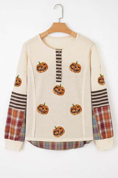 Sequined Pumpkin Face Patched Henley Waffle Tee