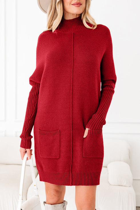 Cozy Mock Neck Ribbed Cuff Pocket Sweater Dress