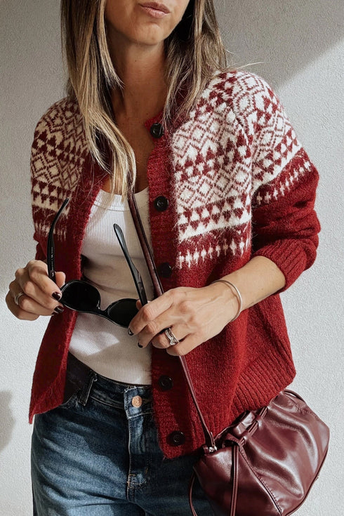 Geometric Print Button Front Long Sleeve Cardigan