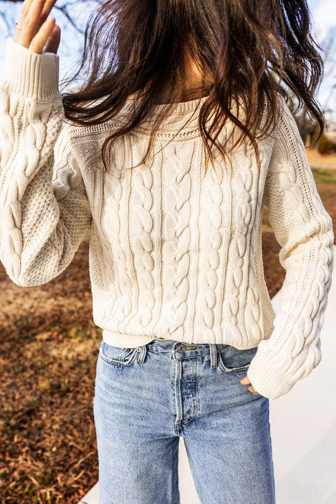 Drop Shoulder Round Neck Cable Knit Sweater