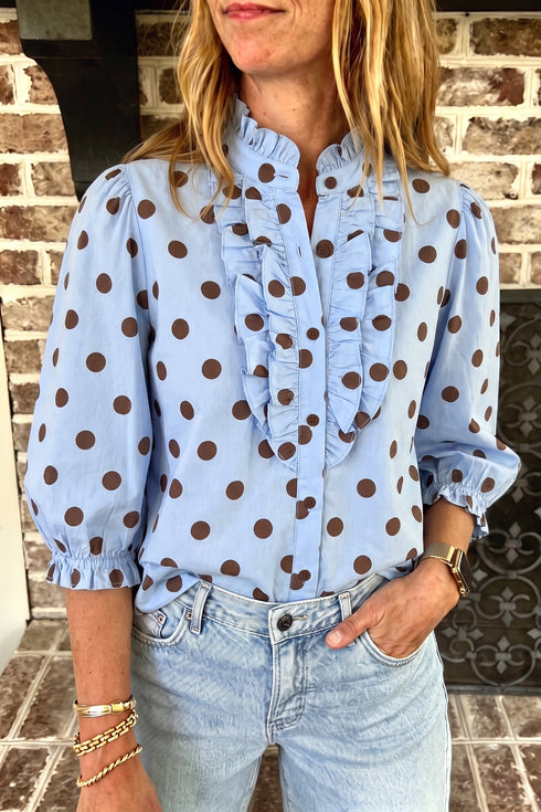 Polka Dot Striped Print Ruffle Stand Neck Three Quarter Sleeve Shift Blouse