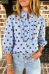 Polka Dot Striped Ruffle Stand Neck Three Quarter Sleeve Shift Shirt