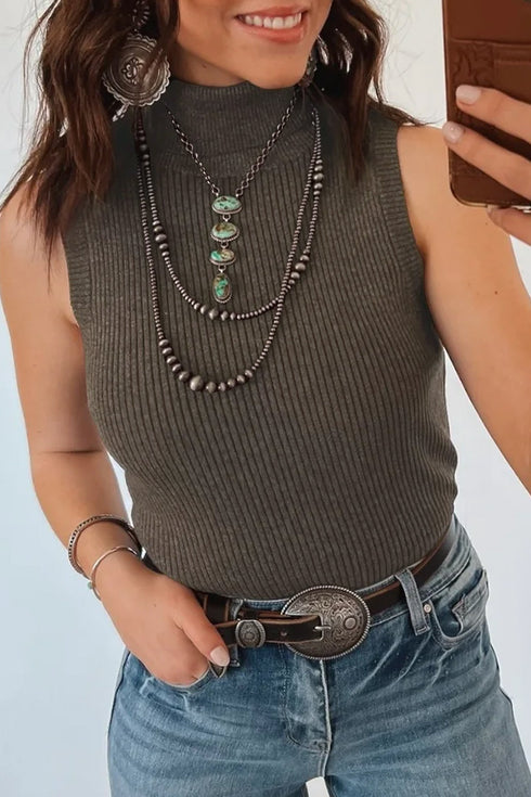Western Ribbed Knit High Neck Slim Fit Sweater Vest