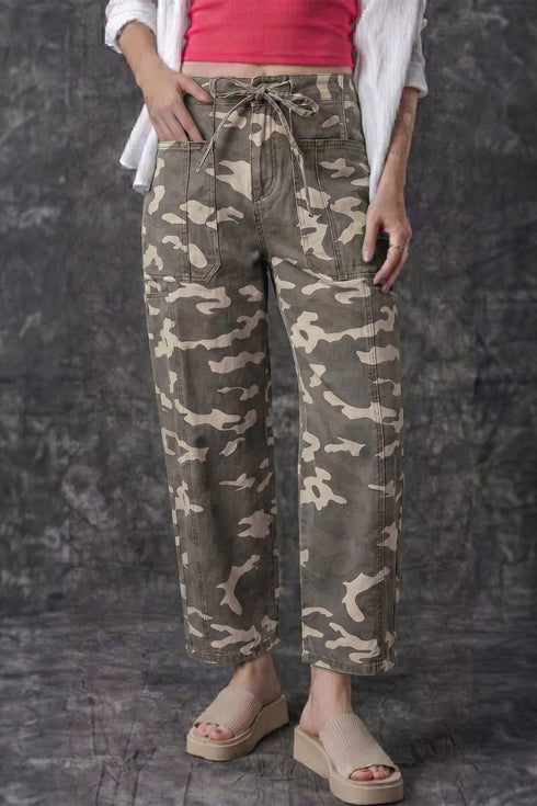 Leopard Printed Drawstring Elastic Waistband Pocketed Barrel Jeans