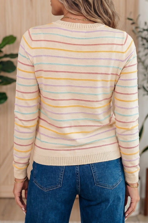 Repeated Stripe Band Crew Neck Graphic Knit Sweater