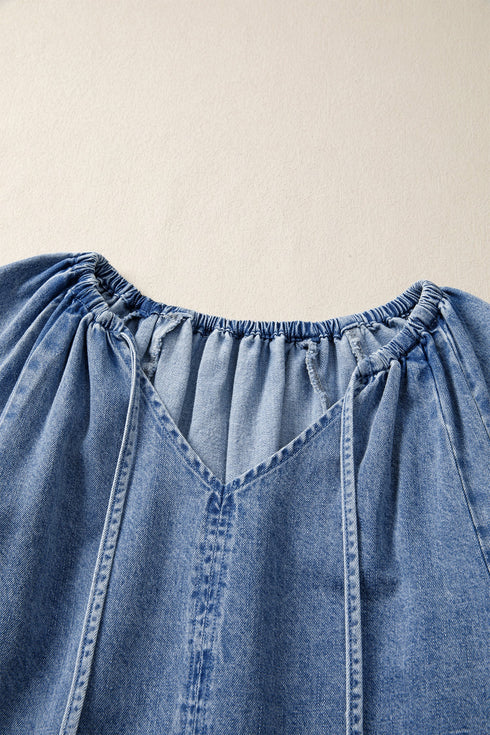Western Puff Sleeve V Neck Ruffled Denim Mini Dress
