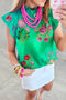 Celebration Floral Print Smocked Neck Flutter Sleeve Blouse