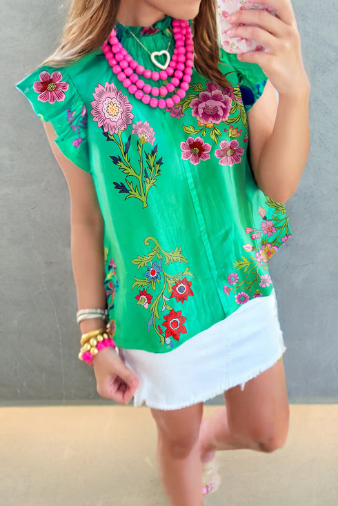 Celebration Floral Print Smocked Neck Flutter Sleeve Blouse