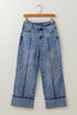 Center Seam Cuffed Hem Straight High Waist Denim Jeans