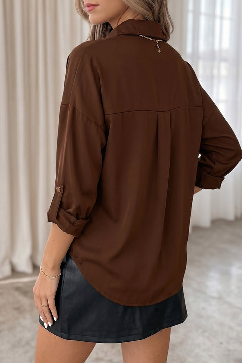 Polyester Button Decoration Tab Long Sleeve Blouse