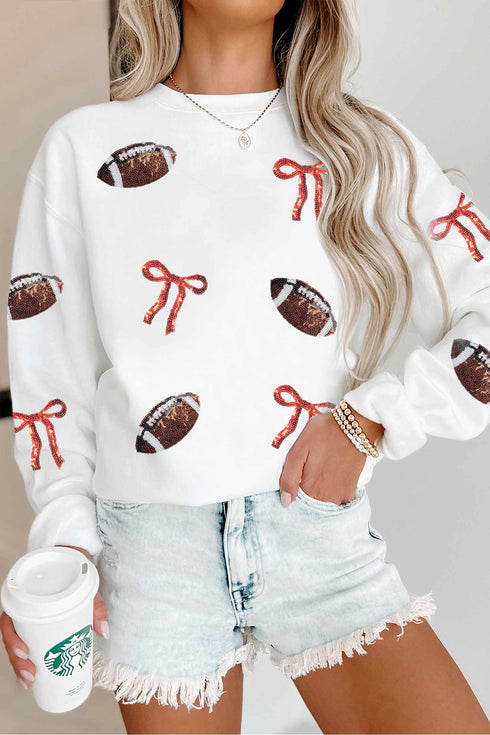 Polyester Sequin Rugby Bow Graphic Pullover Sweatshirt