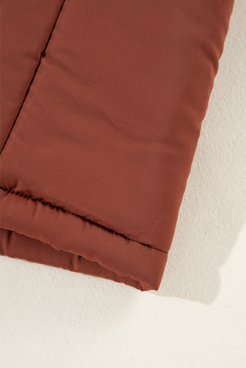 Solid Quilted Stand Collar Zipped Mid Length Puffer Coat