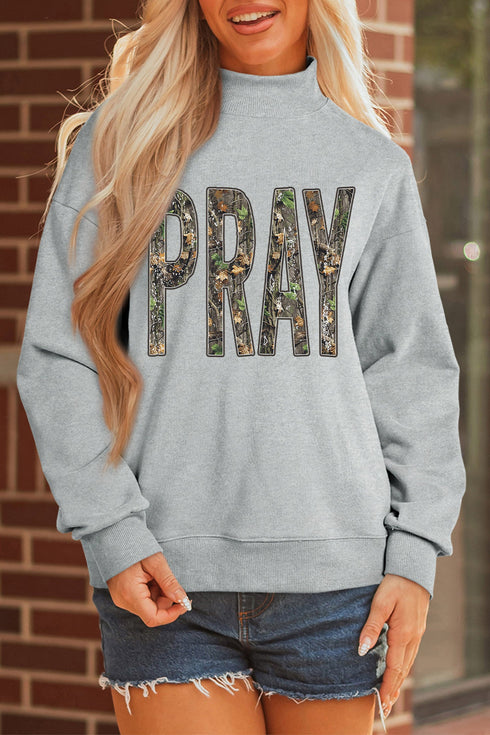 Camouflage Letter Print Mock Neck Baggy Pullover Sweatshirt