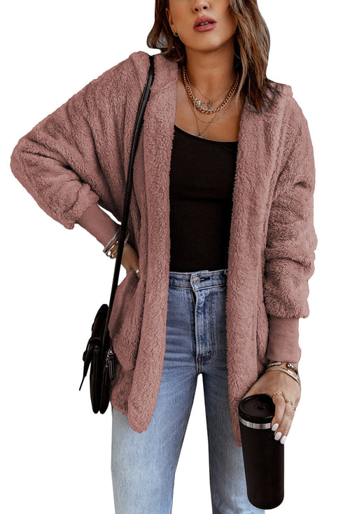 Chic Soft Fleece Hooded Open Front Jacket