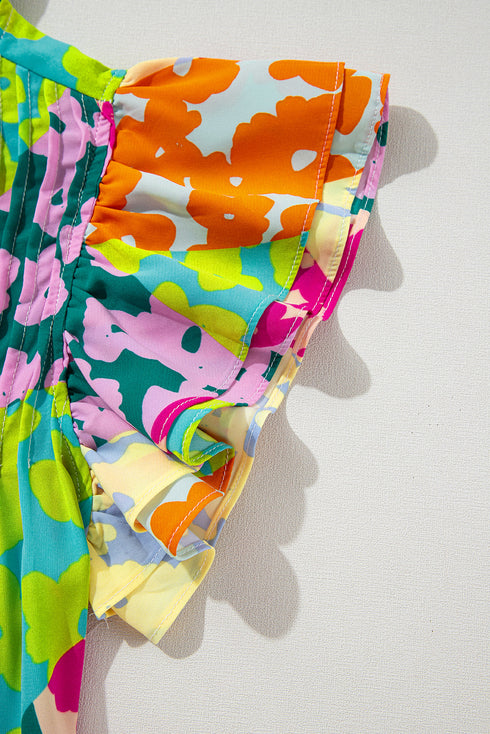 Abstract Print Ruffled Mock Neck Pleated Blouse